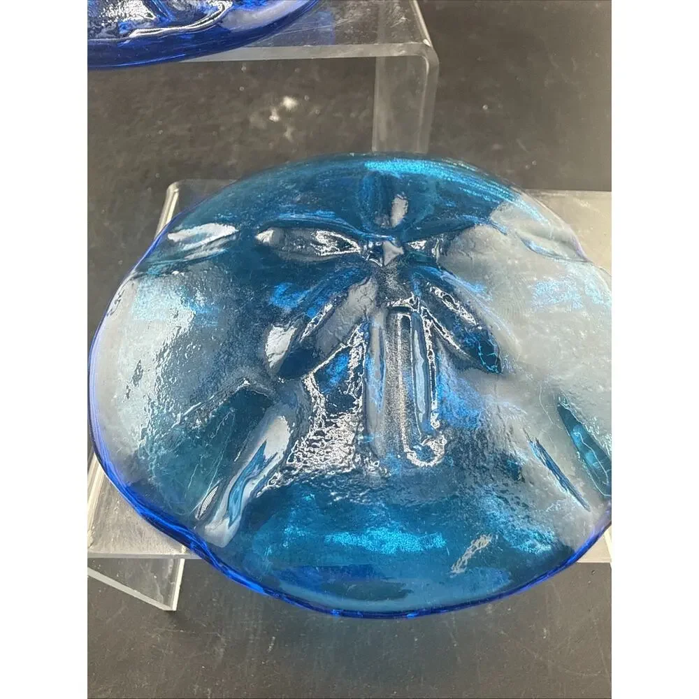 Cobalt Blue Art Glass Sand Dollar Figurine Coastal Sea Life Paperweights Pair